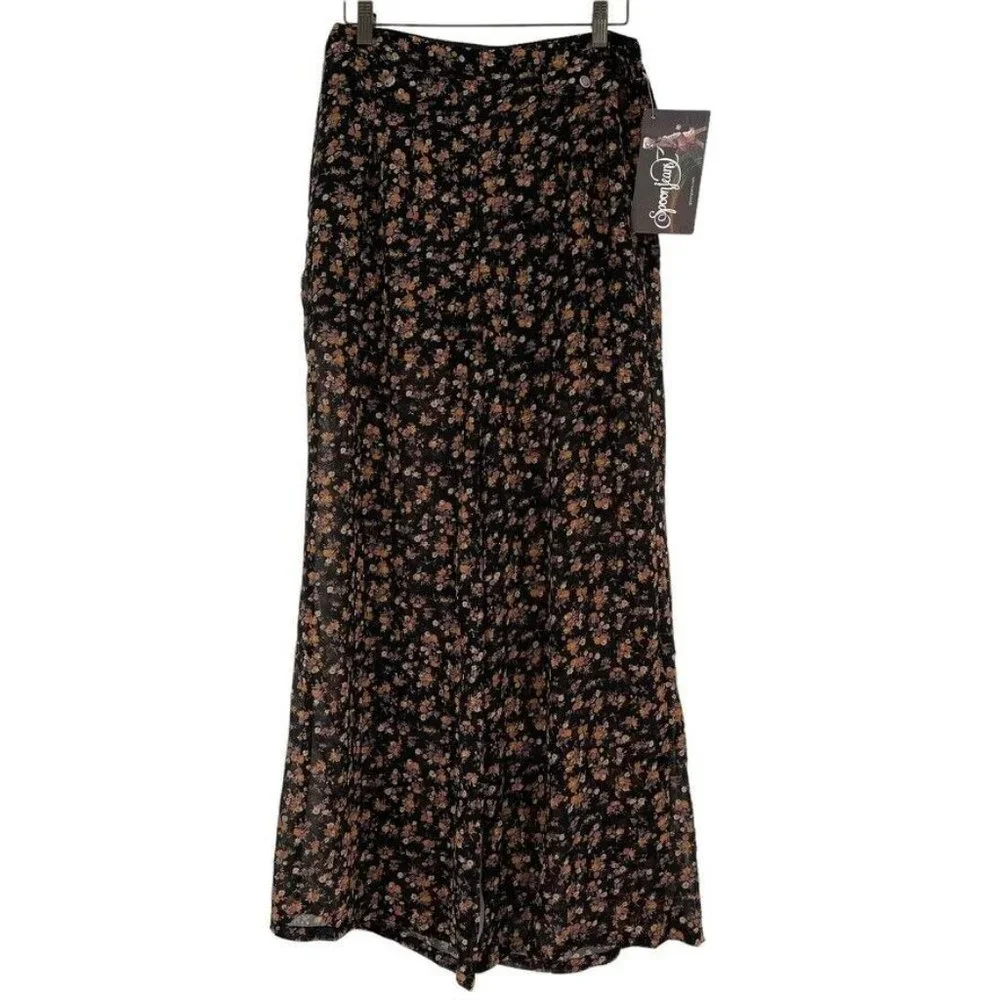 Spoon Jeans Women's Floral Wide Leg Pants Black orange side zip size XL NWOT - Picture 1 of 5